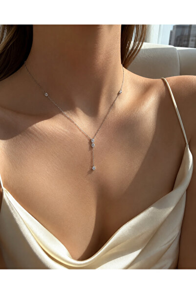 sara silver 925 Ayar Gümüş Taşlı Modern Y-Model Tektaş Kolye Kadın