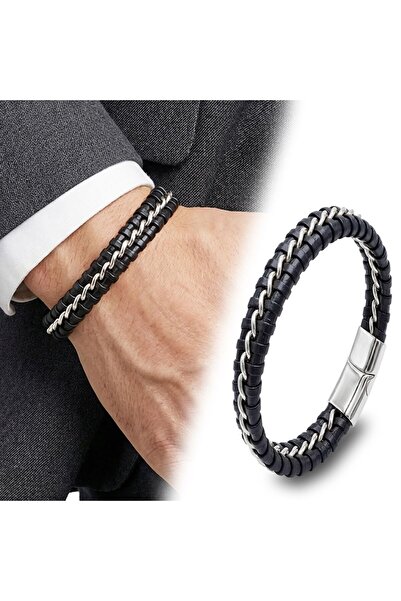 OGHAMAY Chain Model Steel and Leather Bracelet 18394B2D1