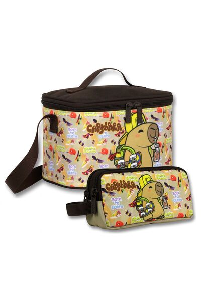 capybara Insulated Lunch Box and Pen Holder Set (Brown - Beige) Boys' Skatebo...