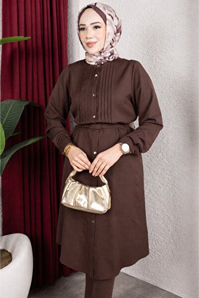 Rabia Zülal New Season Ribbed Detailed Belted Hijab Suit - Brown
