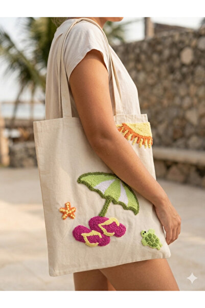 lavante butik kendini özel hisset Punch Embroidered Linen Beach Bag Cloth Bag...