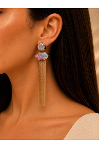 BURCU JEWELRY Pembe Mermer Desenli Gold Püsküllü Küpe