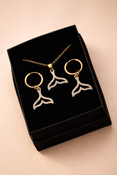 THE Steel Women's Gold Color Stone Whale Tail Necklace Earrings Jewelry Set