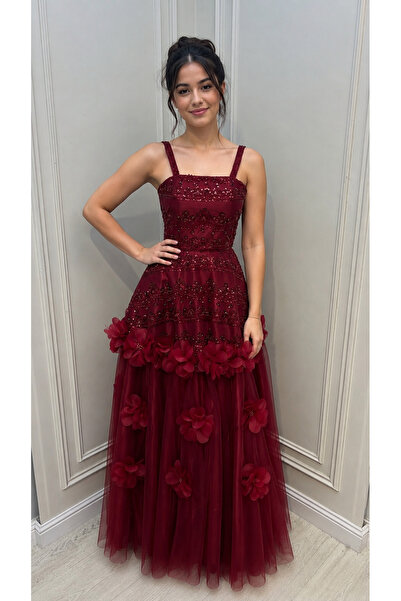 DIFFERENT Rose Red and Sequined Evening Dress