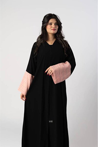 FJ Luxurious black abaya with wide pink sleeves - 56