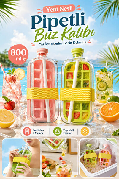 Anadolu Saray 800 ml Portable Ice Bottle with Straw and Push-Pull Ice Mold an...