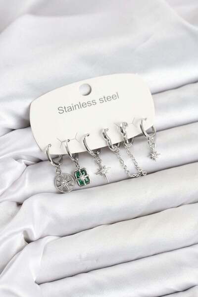 Inure Jewelry 316L Steel Silver Color Zircon Stone Chain and Pole Star Detail...