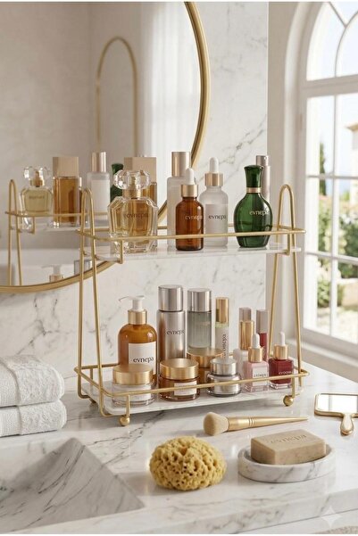 evnepa Banyo Kozmetik Düzenleyici Çok Amaçlı Organizer 2 Katlı Dikdörtgen Makyaj Organizeri Mat gold