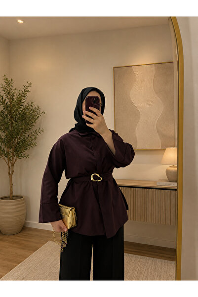 BNGL Boutique Gold kuşaklı mürdüm renk gömlek