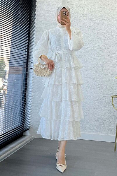 MELEK ARAZ Premium Design Layered Guipure Imported Tulle Dress – White