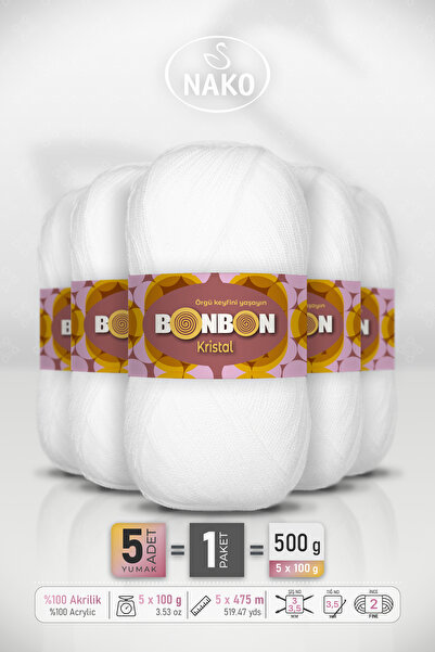 BONBON Κρύσταλ - Λευκό (98200) - Συσκευασία 5 τεμαχίων - 100γρ/475μ - Νήμα Πλ...