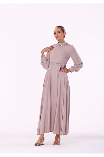 modahira Yakası Taş Detaylı Kemerli - Elbise