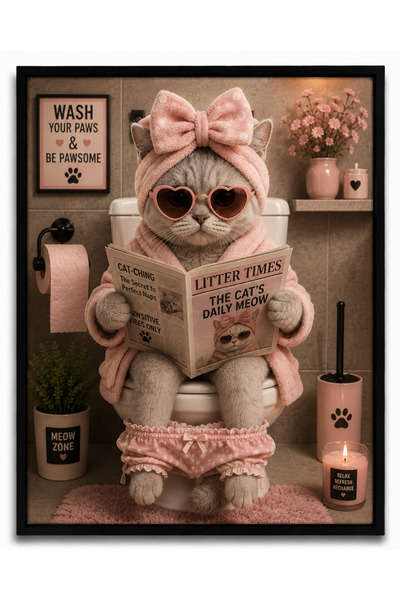 REF DESİGN Funny Toilet Cat Dekota Tablo | Komik Kedi Duvar Tablosu | UV Baskı