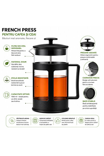 Ruhhy Cafetiera cu presa franceza echipata cu filtru si piston din inox pentr...