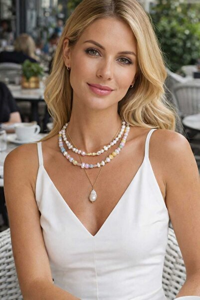 LemaStone Aquamarine, Calcite, Pink Quartz, and Pearl 3-Piece Necklace Set & ...