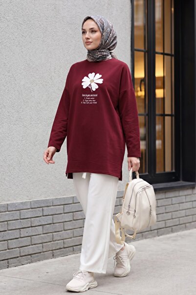 Modamorfo Floral Embroidered Crew Neck Combed Cotton Tunic - Burgundy