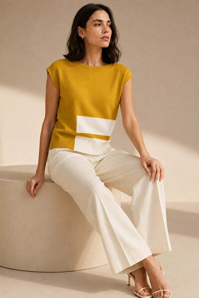 Ferraro Mustard Ecru Color Blocked 100% Cotton Crew Neck Women's Knitwear Blouse