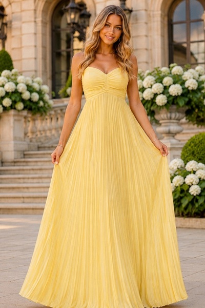 FashionForYou Μακρύ πλισέ φόρεμα NYSA UNI, με δέσιμο στην πλάτη, Κίτρινο, Μέγ...