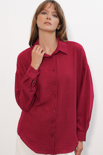 Merterium Women's Oversize Linen Shirt 1538 - Burgundy
