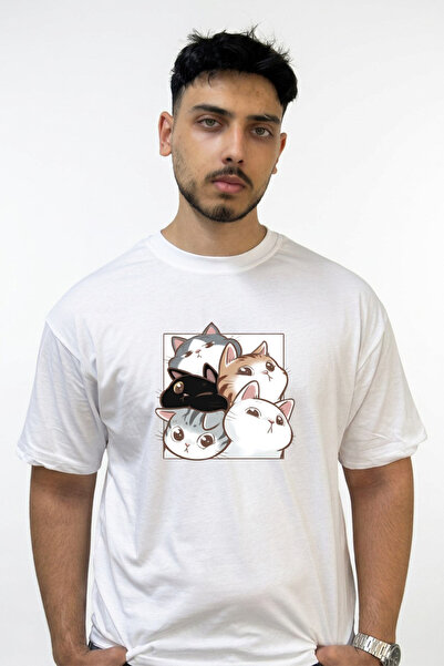 Anetos Cartoon Cats Design Printed Oversize White T-Shirt