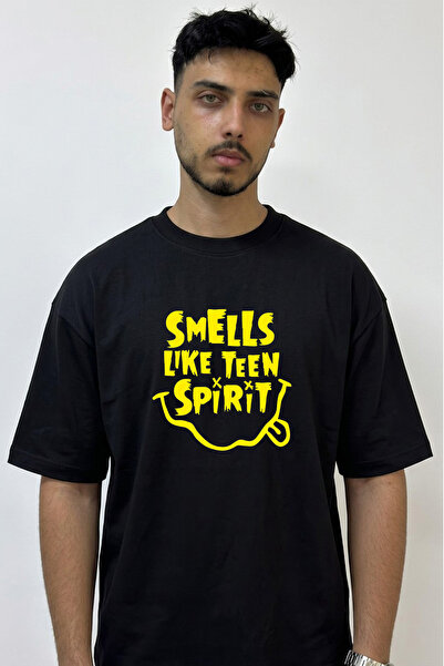 Anetos تي شيرت أسود كبير الحجم مطبوع عليه تصميم Smells Like Teen Spirit