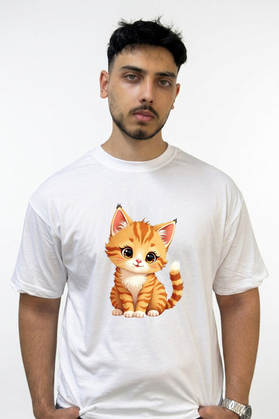 Anetos Orange Kitten Design Printed Oversize White T-Shirt