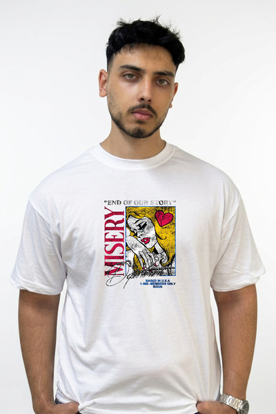 Anetos Popart Crying Woman Design Printed Oversize White T-Shirt