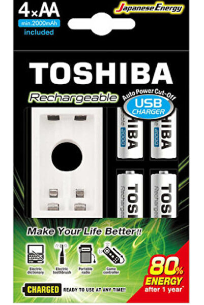 Toshiba Φορτιστής USB για 2 μπαταρίες Ni-MH μεγέθους AA, Σετ με 4 μπαταρίες A...