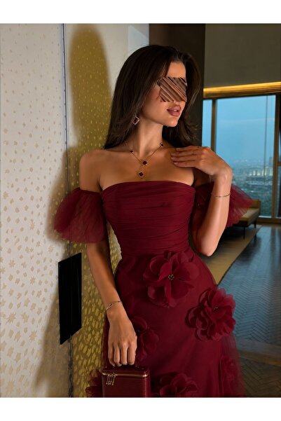 Bamah فستان سهرة بورغندي بورود ثلاثية الابعاد فخم
