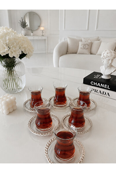 FTH DİZAYN Si̇lverli̇ne Tea Set 6 Pieces of Plates 6 Pieces of Cups