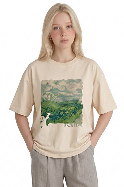 EFFRENATU Women's T-Shirt Cream Art Painting Landscape Print Oversized Casual