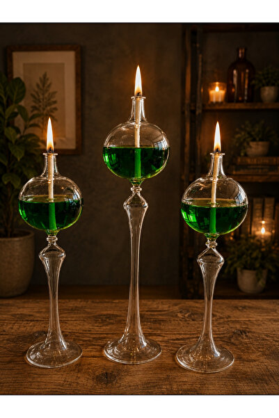 GLASSBLOWİNGART20 KÜRE YEŞİL 3 LÜ SET KANDİL+200 ML KANDİL YAĞI HEDİYE