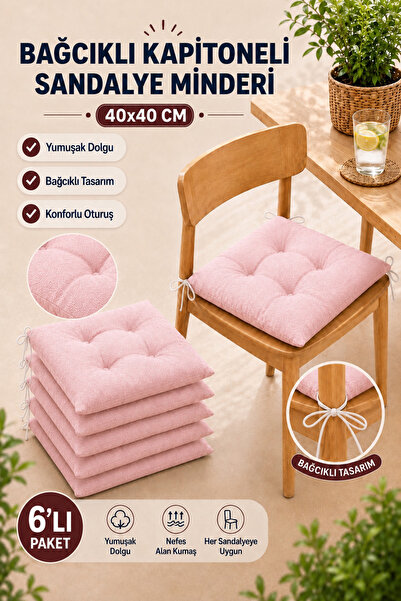 TOPCORN Altılı Set 40x40 Bağcıklı Kapitoneli Yumuşak Dolgulu Sandalye Minderi...