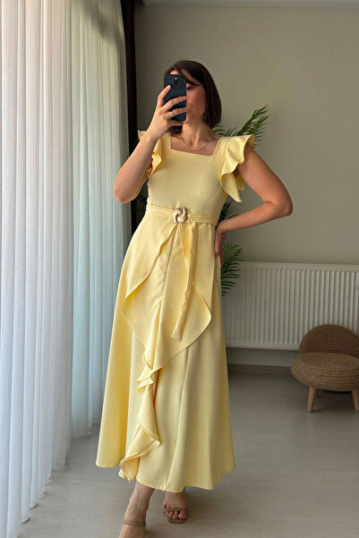 Kubos Moda Ruffle Detail Belted Square Neck Yellow Long Dress
