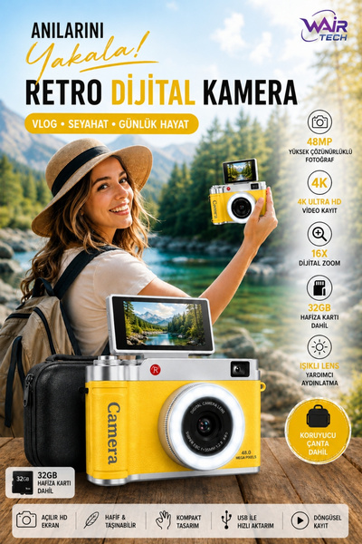 Wair Teknoloji 4K Çantalı Dijital Retro Video Kamera 48MP 16X Zoom Işıklı Len...