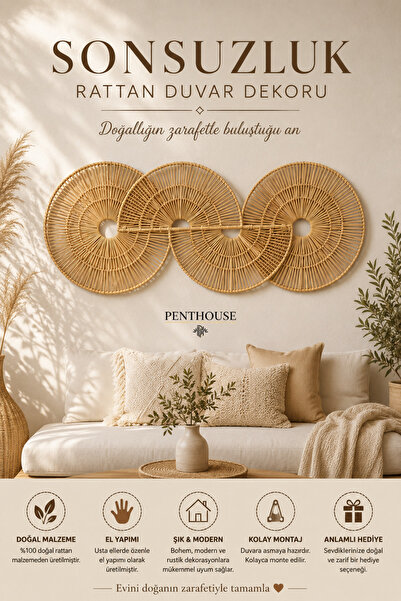Penthouse El Yapımı Sonsuzluk Rattan Duvar Dekoru 90x35 cm | Bohem Hasır Duva...