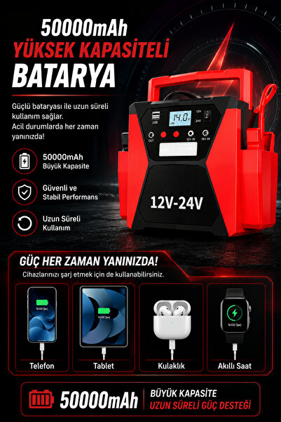 Merwish Akü Takviye Cihazı 12V/24V 3000A Araç Marş Basma Powerbank LED Fener Dijital Ekran 50.000mAh HJ-007