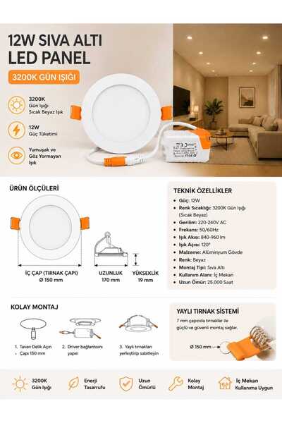SAKİN ENERJİ 12W Sıva Altı Led Spot 3200K Gün Işığı Beyaz Kasa Dekoratif Tava...