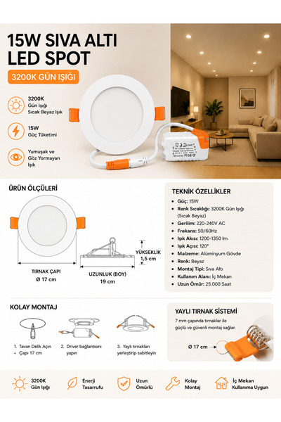 SAKİN ENERJİ 15W Sıva Altı Led Spot 3200K Gün Işığı Beyaz Kasa Dekoratif Tava...