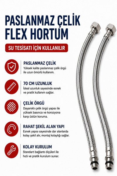 KUSTAR 70 CM Paslanmaz Çelik Örgülü Flex Hortum 3/8 Su Bağlantı Hortumu Batar...