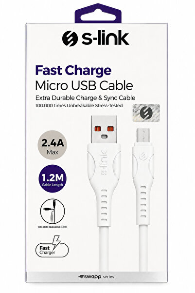 S-Link Micro USB Şarj Kablosu 1.2 Metre 2.4A Hızlı Şarj ve Data Transfer Kablosu