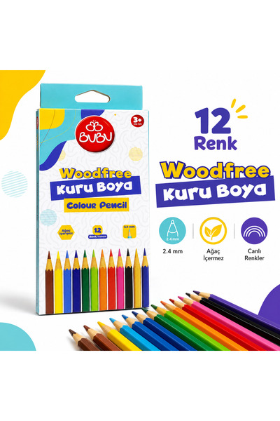 Bubu Woodfree Kuru Boya Kalemi 12 Renk 2.4 mm Ağaç İçermez Canlı Renkli Okul ...
