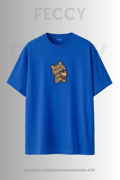 FECCY Premium Coffee Drinking Bear Printed Theme Unisex Oversize Women's T-Sh...
