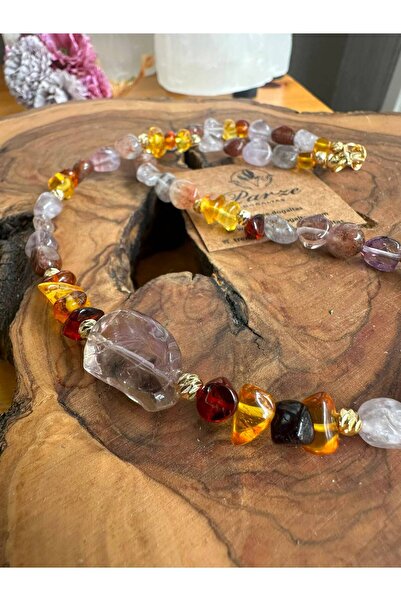 parze doğaltaş Ametrin & Damla Amber & Super Seven Natural Stone Design Necklace