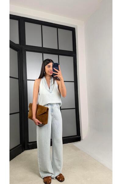 GAUS CO Buz Mavi Halter Yaka Tencel Denim Takım GAUS-01520 GAUS-01379