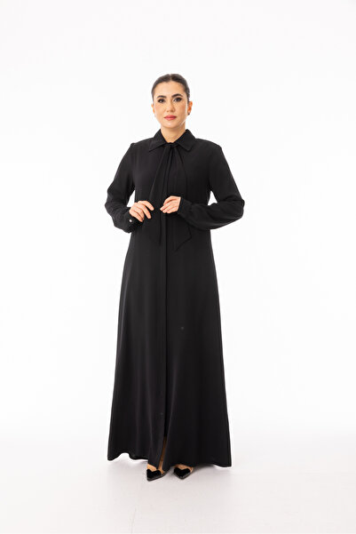 Zerenay Black Collared Hijab Scarf Abaya - Large Size Full Length 5349-26