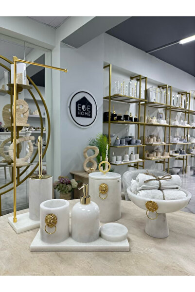 ege gross Decorative Natural White Marble 8 Piece Bathroom Set with Gold Lion...
