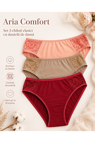 Aria Comfort ✨ Set 3 Chiloți Clasici Damă – Bumbac moale, (Roșu, Bej, Caisă),...