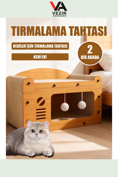Vezir Aksesuar Ahşap Kedi Evi Tırmalamalı Kedi Kulübesi Peluş Oyuncaklı Çok F...