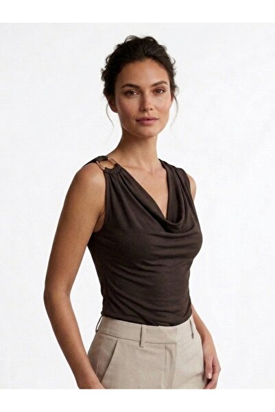 Moda Lounge Blouse with Collar Ring Accessory Detail